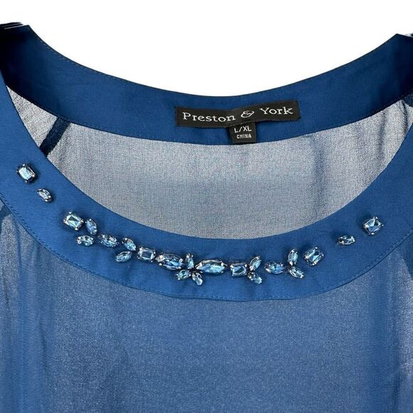 Preston York Cape Top Blue Sheer Gemstone Bead Embellished Size L XL Crew Neck - Picture 3 of 9